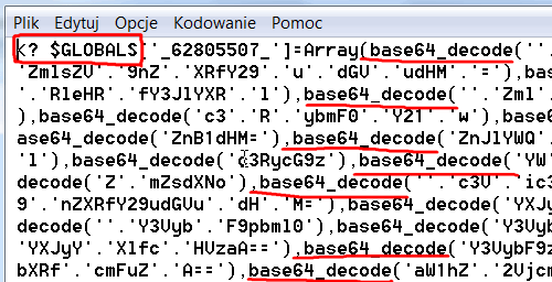 Ilość wystąpień base64decode - sugeruje złośliwy kod